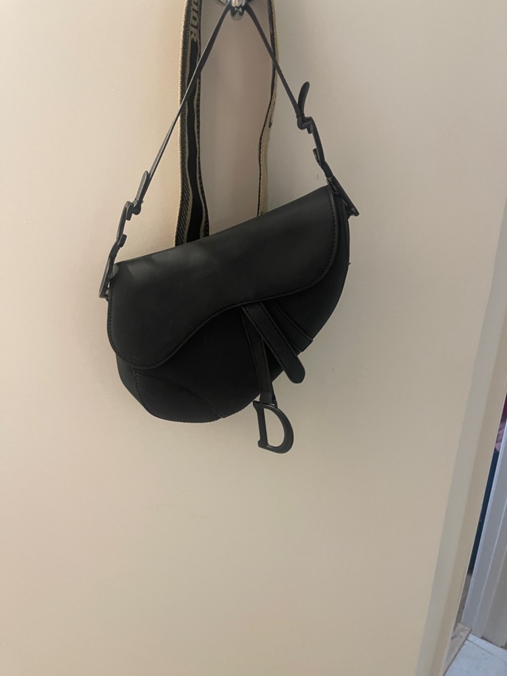 Black Saddle Shoulder Bag with Signature D Charm - Picture 2 of 4